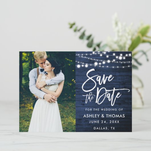 Rustic Blue Wood Lights Brush Script Foto Save The Date (Stehend Vorderseite)