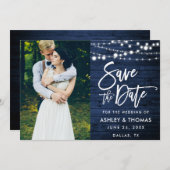 Rustic Blue Wood Lights Brush Script Foto Save The Date (Vorne/Hinten)