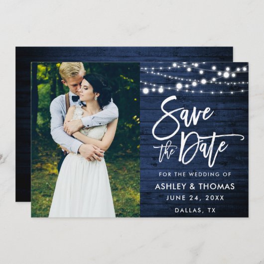 Rustic Blue Wood Lights Brush Script Foto Save The Date (Vorne/Hinten)