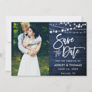 Rustic Blue Wood Lights Brush Script Foto Save The Date