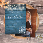 Rustic Blue Wood Lights Graduation Party Foto Einladung