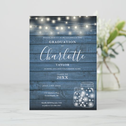 Rustic Blue Wood Lights Graduation Party Foto Einladung (Stehend Vorderseite)