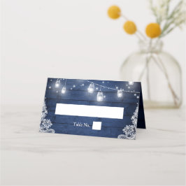 Rustic Blue Wood Mason Jar Lights Lace Wedding Platzkarte