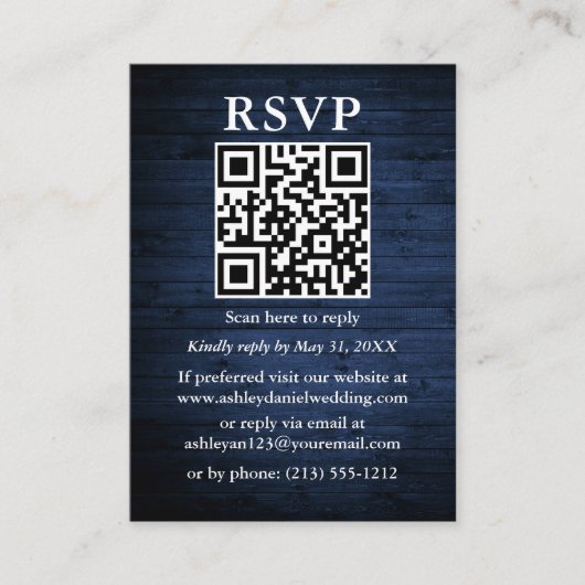 Rustic Blue Wood QR Wedding RSVP Begleitkarte (Vorderseite)