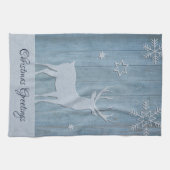 Rustic Blue Wood Rentier Country Weihnachten Geschirrtuch (Horizontal)