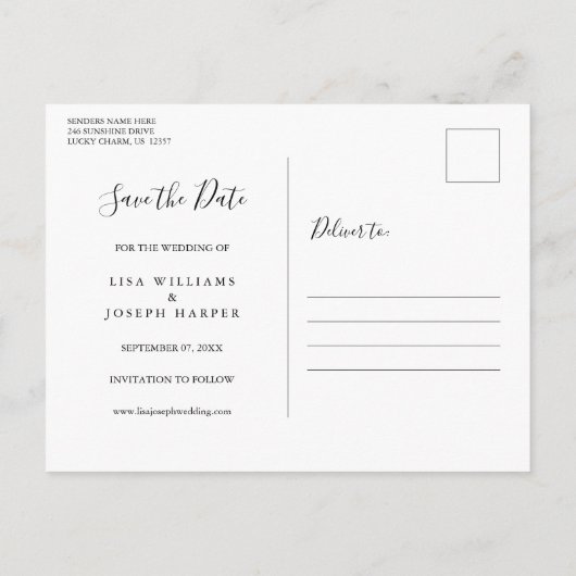 Rustic Blue Wood Script Foto Save the Date Postkarte (Rückseite)