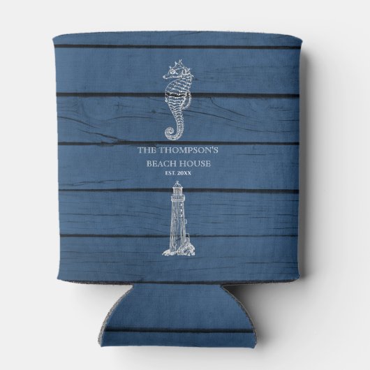 Rustic Blue Wood Seepferd Lighthouse Beach House Dosenkühler (Rückseite)