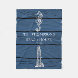 Rustic Blue Wood Seepferd Lighthouse Beach House Fleecedecke