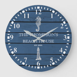 Rustic Blue Wood Seepferd Lighthouse Beach House Große Wanduhr
