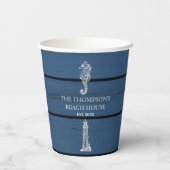 Rustic Blue Wood Seepferd Lighthouse Beach House Pappbecher (Rückseite)