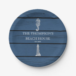 Rustic Blue Wood Seepferd Lighthouse Beach House Pappteller