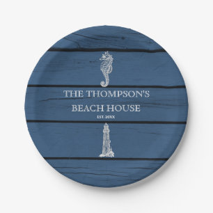 Rustic Blue Wood Seepferd Lighthouse Beach House Pappteller