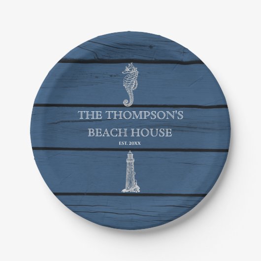 Rustic Blue Wood Seepferd Lighthouse Beach House Pappteller (Vorderseite)