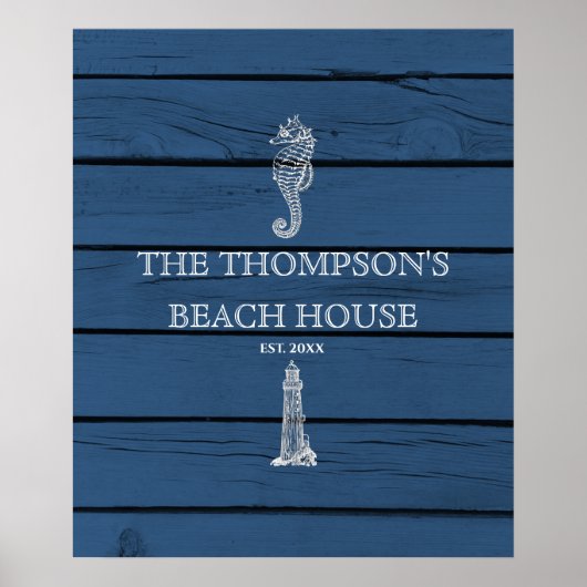 Rustic Blue Wood Seepferd Lighthouse Beach House Poster (Vorne)