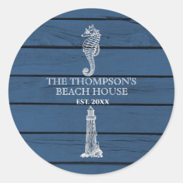 Rustic Blue Wood Seepferd Lighthouse Beach House Runder Aufkleber