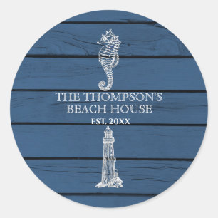 Rustic Blue Wood Seepferd Lighthouse Beach House Runder Aufkleber
