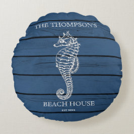 Rustic Blue Wood Seepferd Lighthouse Beach House Rundes Kissen