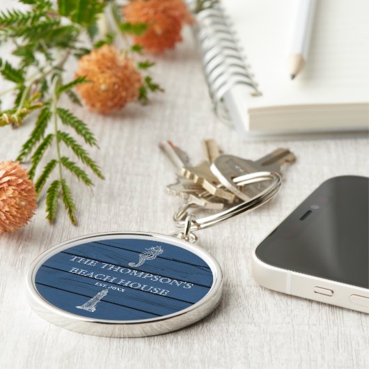 Rustic Blue Wood Seepferd Lighthouse Beach House Schlüsselanhänger (Seite)