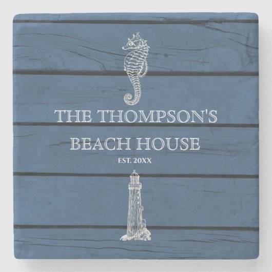 Rustic Blue Wood Seepferd Lighthouse Beach House Steinuntersetzer (Vorderseite)