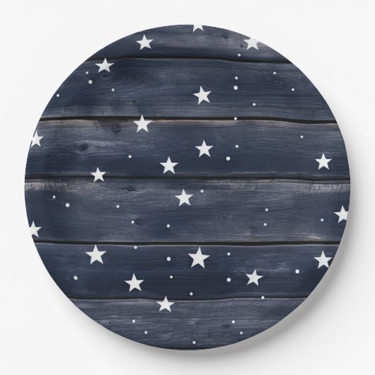 Rustic Blue Wood Stars Pappteller (Vorderseite)