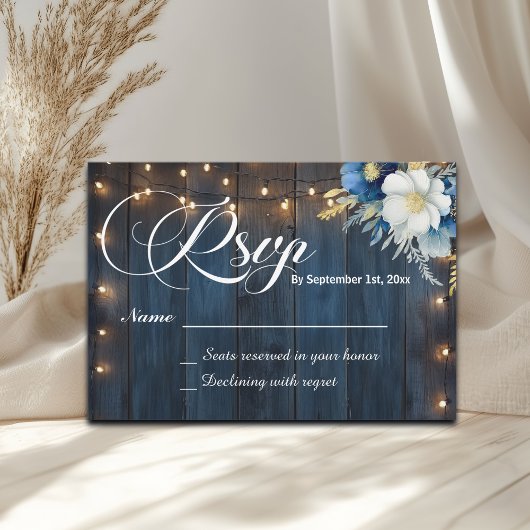 Rustic Blue Wood String Lights Floral Wedding RSVP Karte