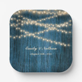 Rustic Blue Wood String Lights Wedding Party Pappteller (Vorderseite)