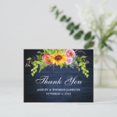 Rustic Blue Wood Sunflower Blues Hochzeit Dank Postkarte (Stehend Vorderseite)