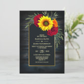 Rustic Blue Wood Sunflower Burgundy Rose Wedding Einladung (Stehend Vorderseite)