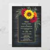 Rustic Blue Wood Sunflower Burgundy Rose Wedding Einladung (Vorderseite)