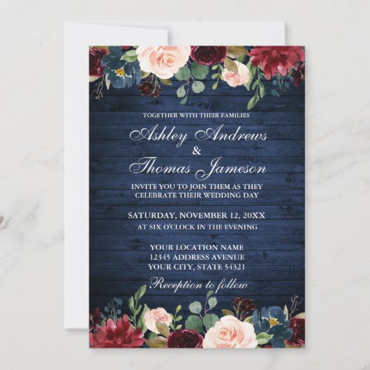 Rustic Blue Wood Wedding Floral Burgundy Blue Einladung (Vorderseite)