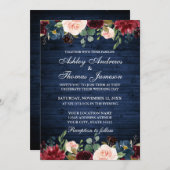 Rustic Blue Wood Wedding Floral Burgundy Blue Einladung (Vorne/Hinten)