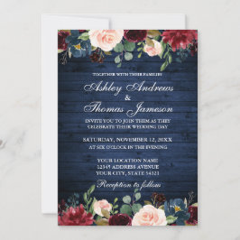 Rustic Blue Wood Wedding Floral Burgundy Blue Einladung
