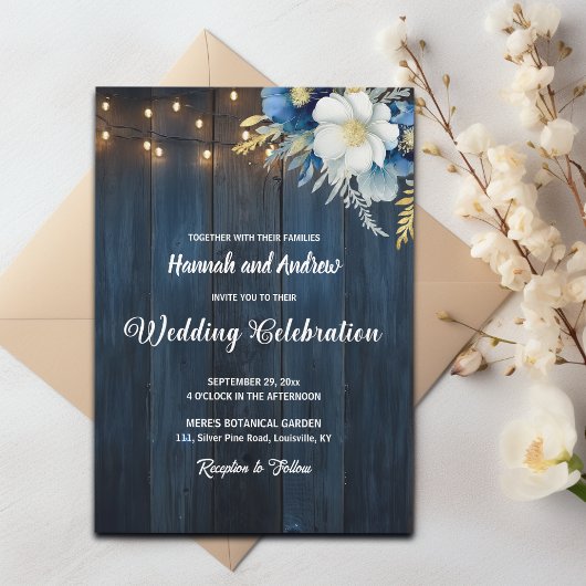 Rustic Blue Wood White Blue Floral Wedding Einladung