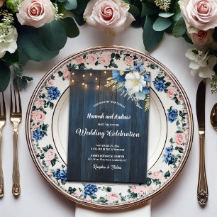 Rustic Blue Wood White Blue Floral Wedding Einladung