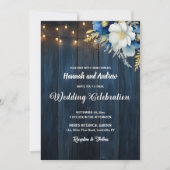 Rustic Blue Wood White Blue Floral Wedding Einladung (Vorderseite)