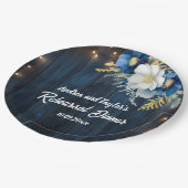 Rustic Blue Wood White Floral Probe Dinner Pappteller (Schrägansicht)