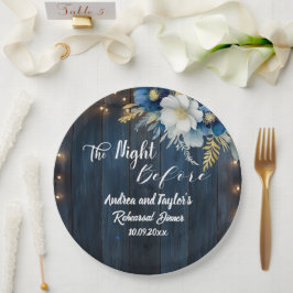 Rustic Blue Wood White Floral Probe Dinner Pappteller