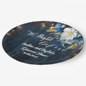 Rustic Blue Wood White Floral Probe Dinner Pappteller (Schrägansicht)