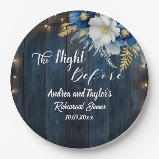 Rustic Blue Wood White Floral Probe Dinner Pappteller (Vorderseite)