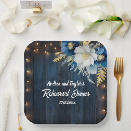 Rustic Blue Wood White Floral Probe Dinner Pappteller