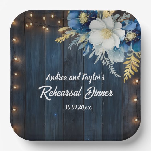 Rustic Blue Wood White Floral Probe Dinner Pappteller (Vorderseite)