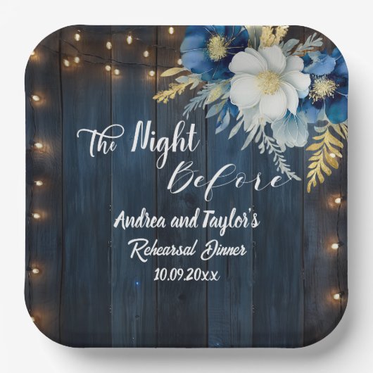 Rustic Blue Wood White Floral Probe Dinner Pappteller (Vorderseite)