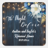 Rustic Blue Wood White Floral Probe Dinner Quadratischer Aufkleber (Vorderseite)