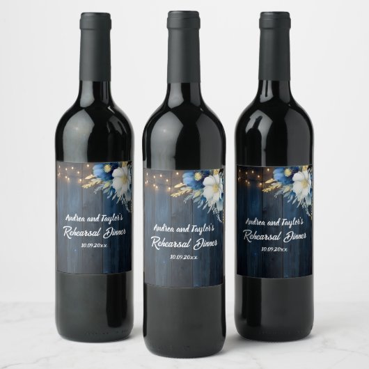 Rustic Blue Wood White Floral Probe Dinner Weinetikett (Flaschen)
