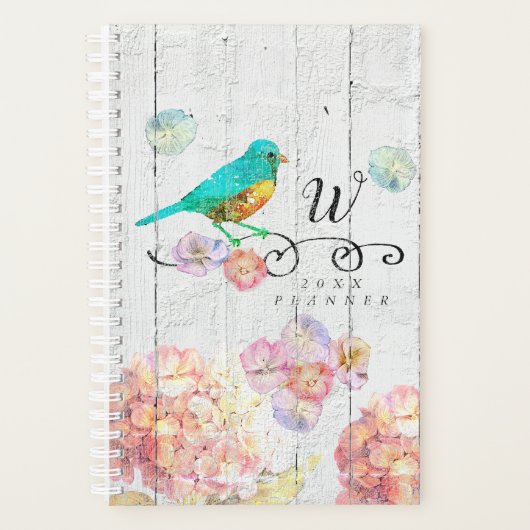 Rustic Bluebird Pink Hydrangea Floral Monogram Planer (Vorderseite)