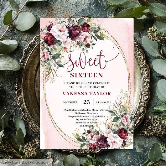 Rustic Blush Burgundy Gold Sweet Sixteen Invites Einladung