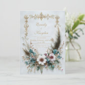Rustic Blush Floral Feather Elegant Wedding Einladung (Stehend Vorderseite)