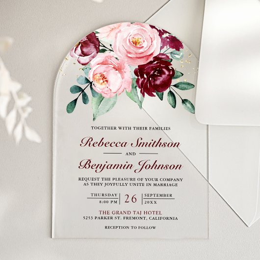 Rustic Blush Pink Burgundy Floral Wedding Acryleinladungen