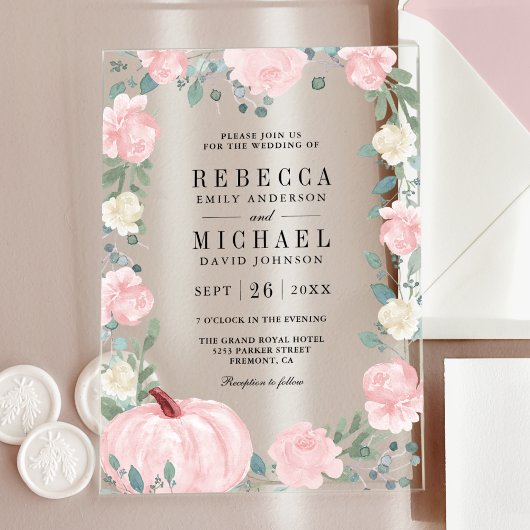 Rustic Blush Pink Floral Pumpkin Wedding Acryleinladungen