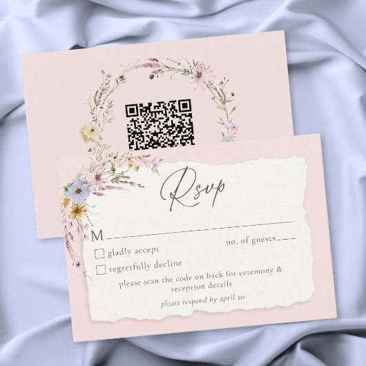 Rustic Blush Pink Romantic Wildflower Wedding QR RSVP Karte